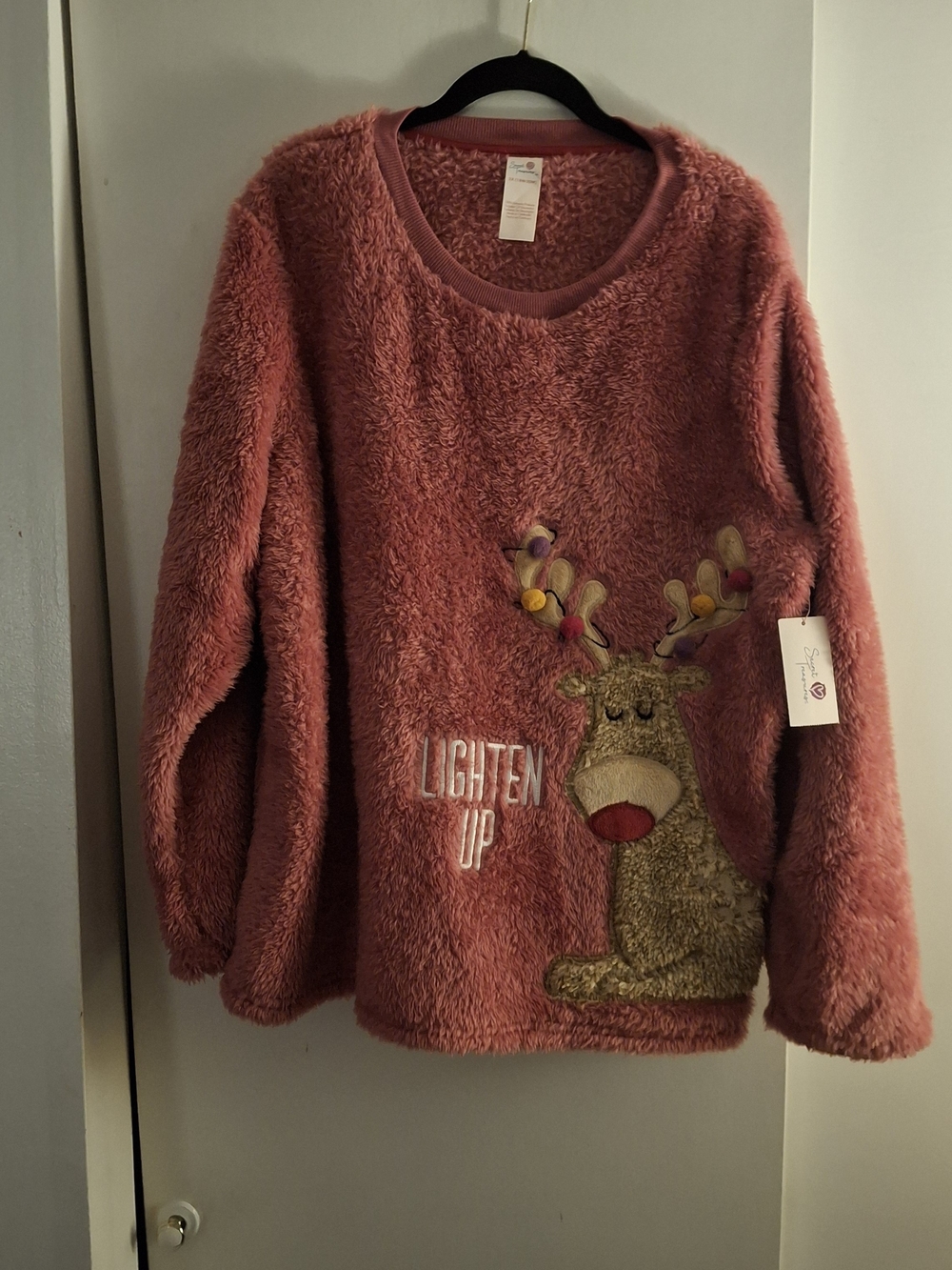 Secret Treasures Womem's Plush Pink Reindeer Crew Neck Sweater